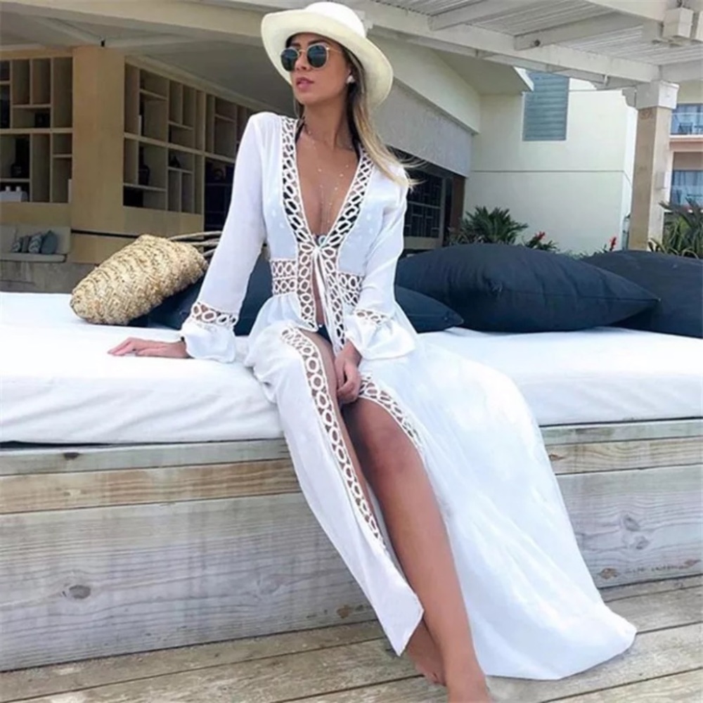 White Crochet Trim Kimono Maxi Coverup Beach Wrap - Picture 3 of 3